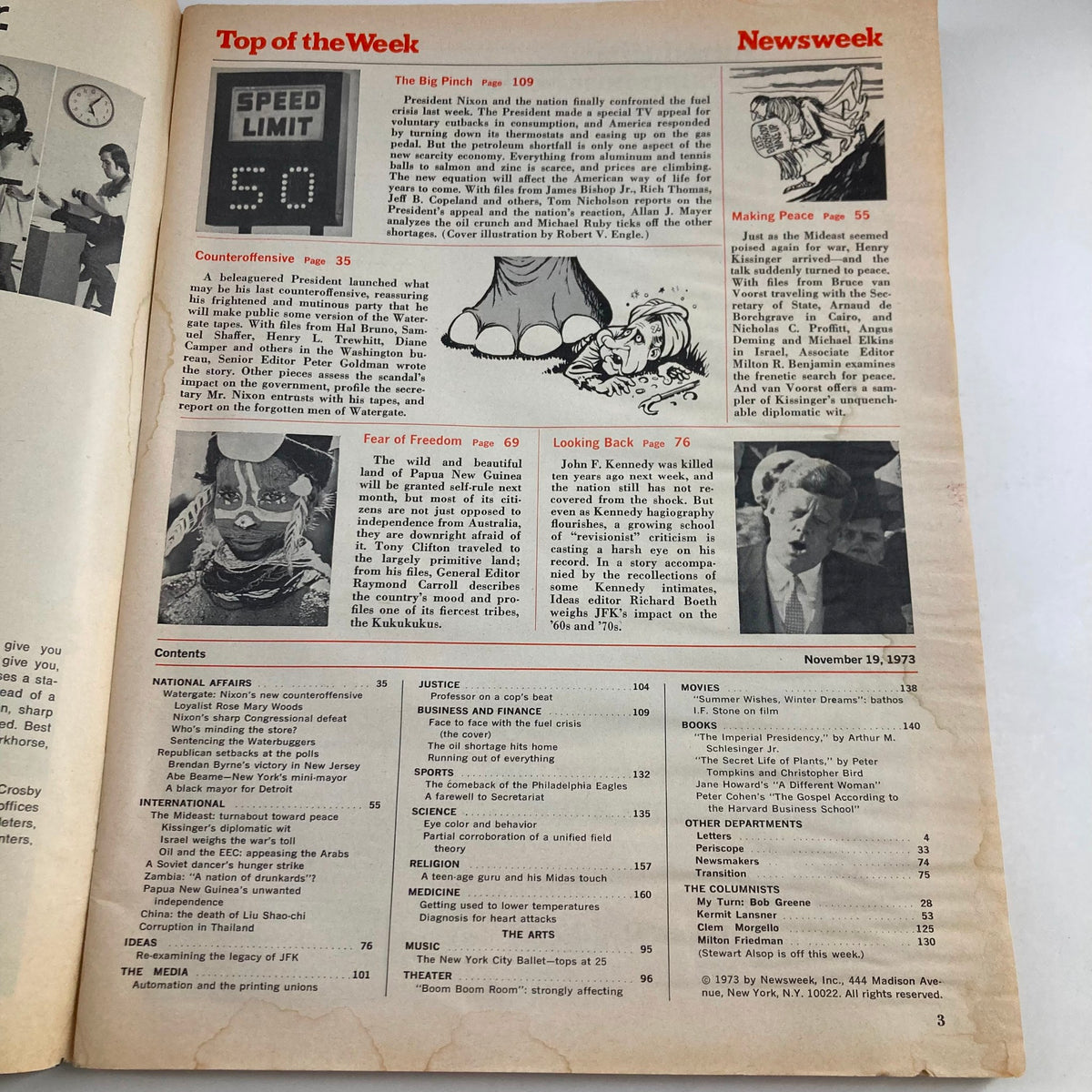 Inside page of the VTG Newsweek Magazine from November 19, 1973, titled 'Running Out of Everything', showcasing the table of contents including topics such as Watergate and societal concerns of the 1970s.