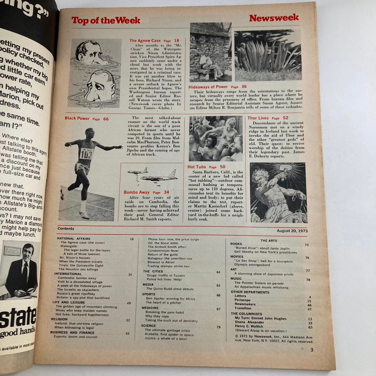 Interior page of the VTG Newsweek Magazine August 20, 1973 showing the contents including 'The Agnew Case' article and various feature sections reflecting the political climate of the era.