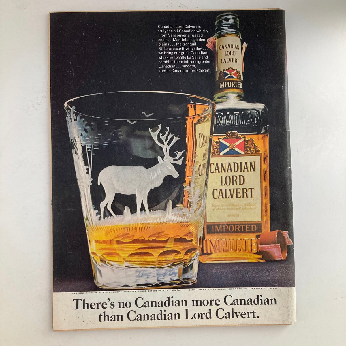 Cover page of an advertisement for Canadian Lord Calvert whiskey, showcasing a glass with a moose design and the bottle, emphasizing its all-Canadian heritage, presented in a vintage magazine from March 26, 1973.
