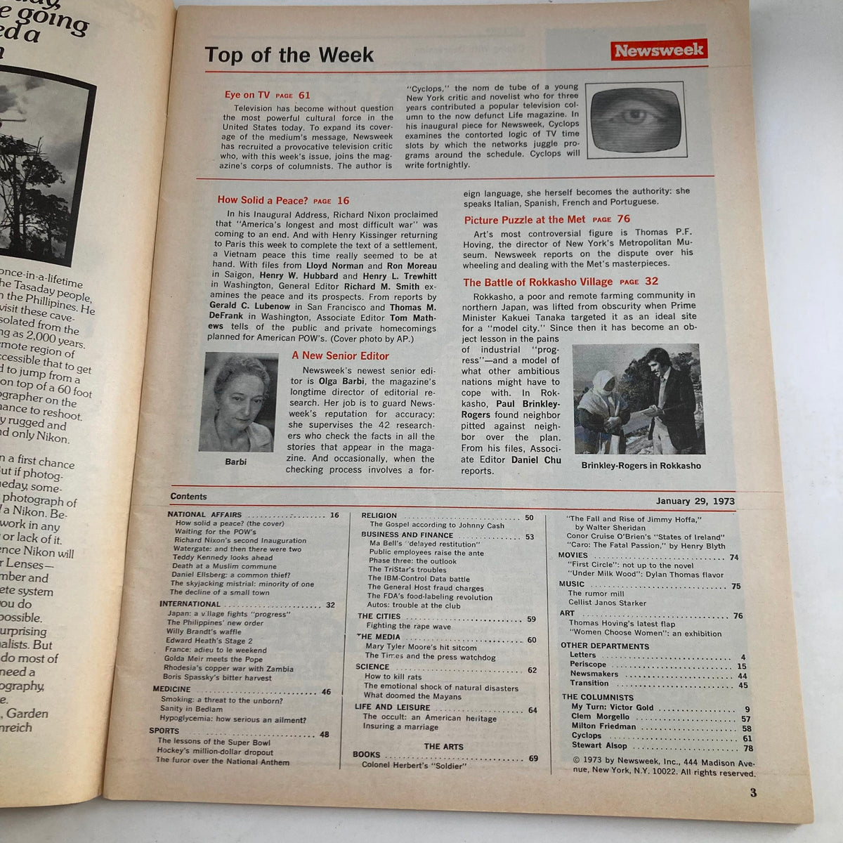 Interior page of VTG Newsweek Magazine from January 29, 1973, featuring contents and articles including the cover story 'How Solid A Peace?' alongside a list of topics covered in the magazine.