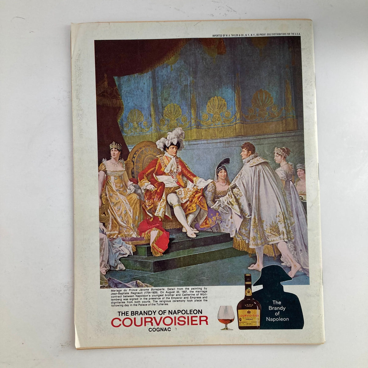 Back cover of VTG Newsweek Magazine January 29, 1973, showcasing an advertisement for Courvoisier Cognac featuring classical artwork and branding information.
