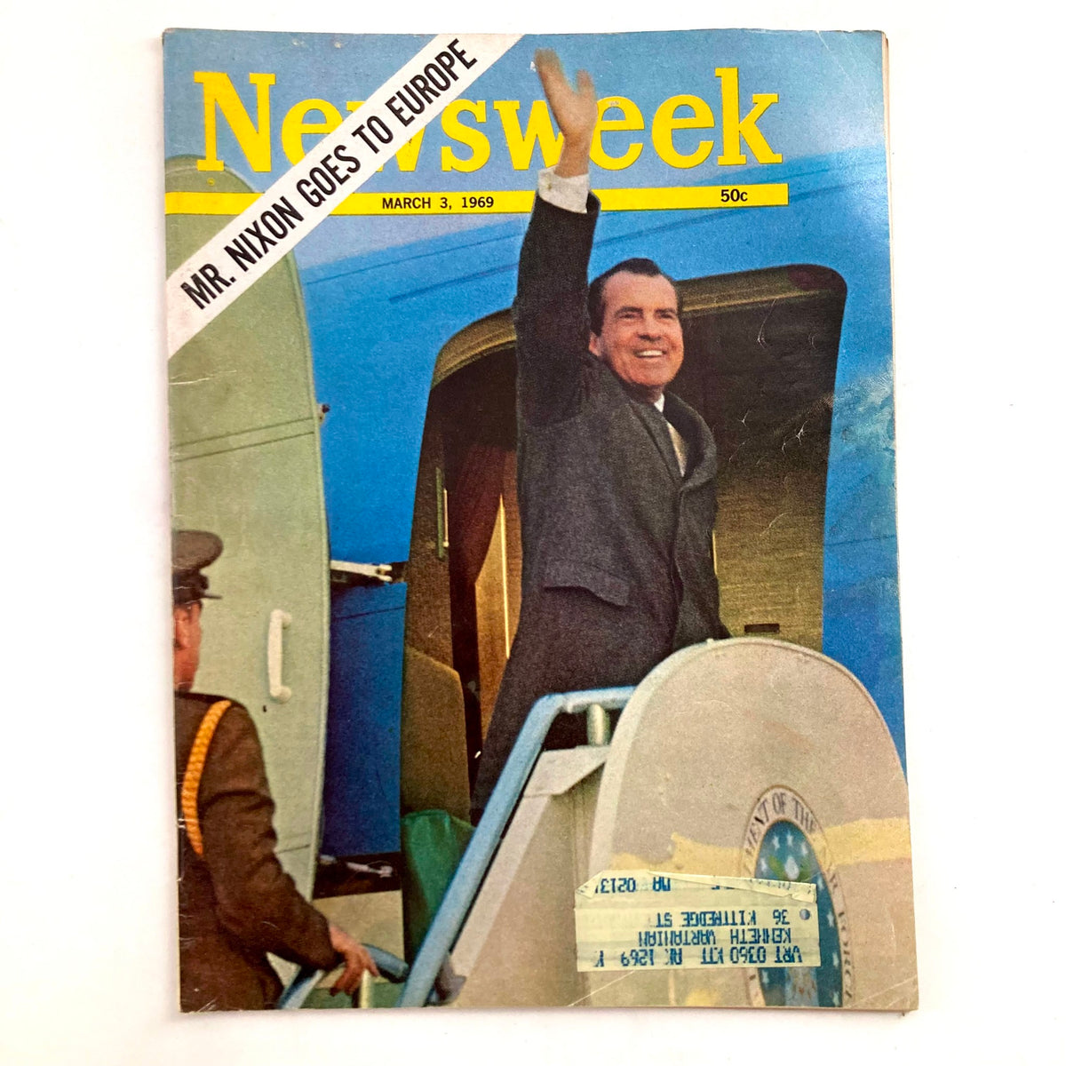 Vintage Newsweek magazine cover from March 3, 1969, featuring Richard Nixon waving as he prepares for his trip to Europe, highlighting significant historical moment in American politics.