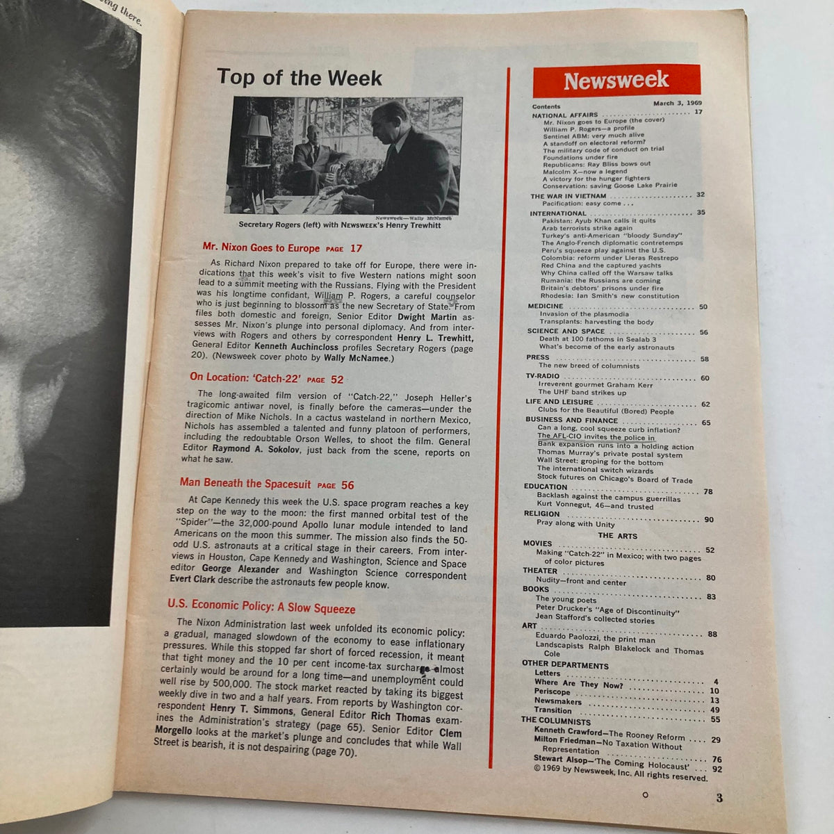 Interior page of the VTG Newsweek Magazine March 3 1969 featuring an article titled 'Mr. Nixon Goes to Europe' with an image of Secretary Rogers and Henry T. McWhirter, discussing Nixon's European visit.