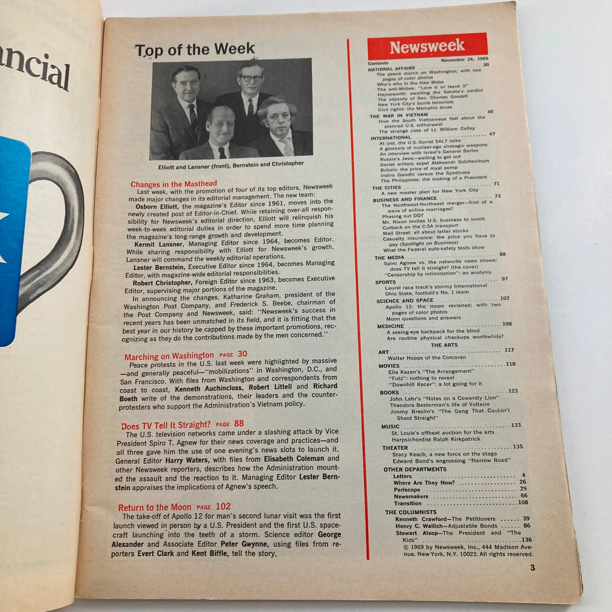 Inside page of VTG Newsweek Magazine from November 24, 1969, displaying the table of contents and notable articles including 'Does TV Tell it Straight?'