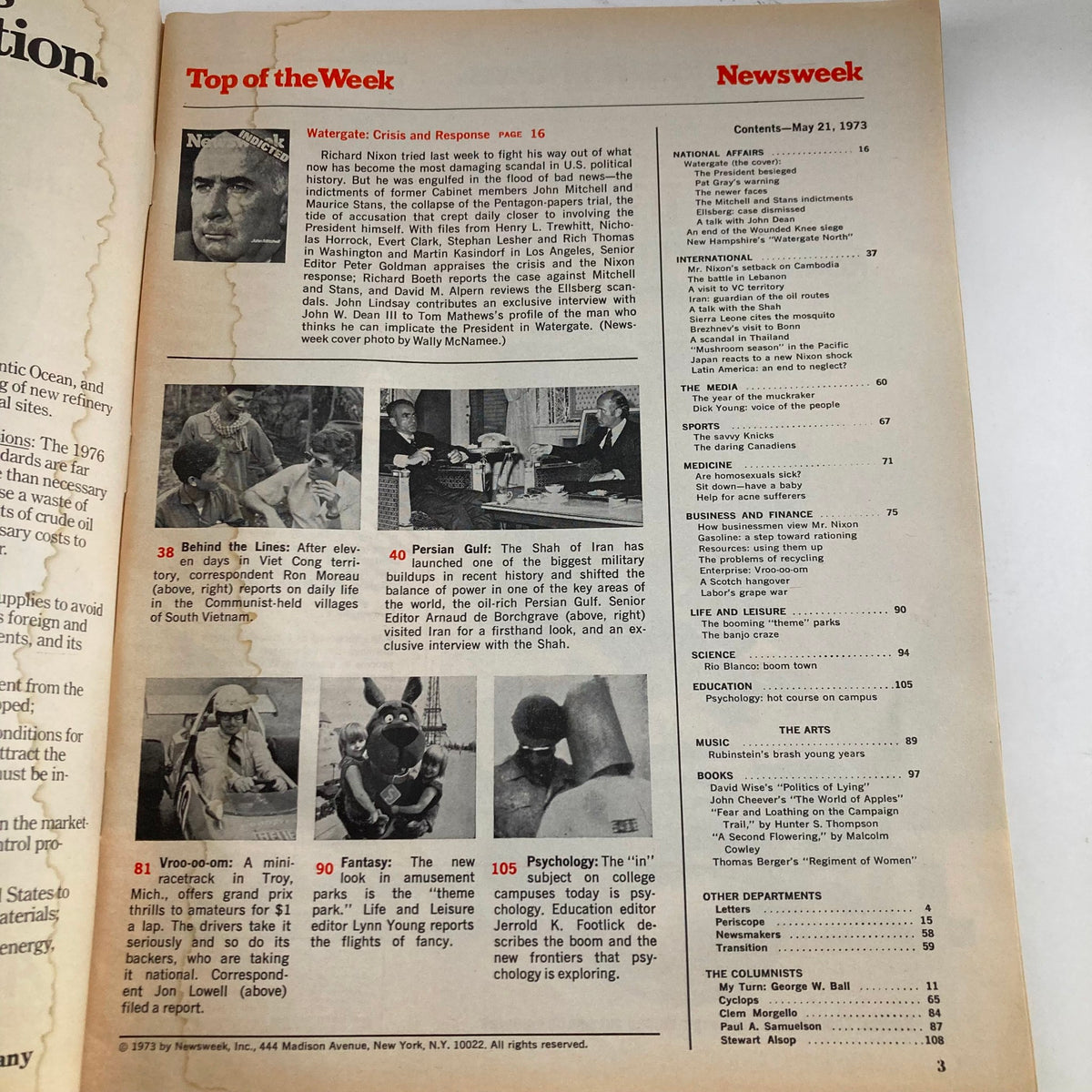 Table of contents page from VTG Newsweek Magazine May 21 1973 detailing coverage of the Watergate crisis and featuring John Mitchell.