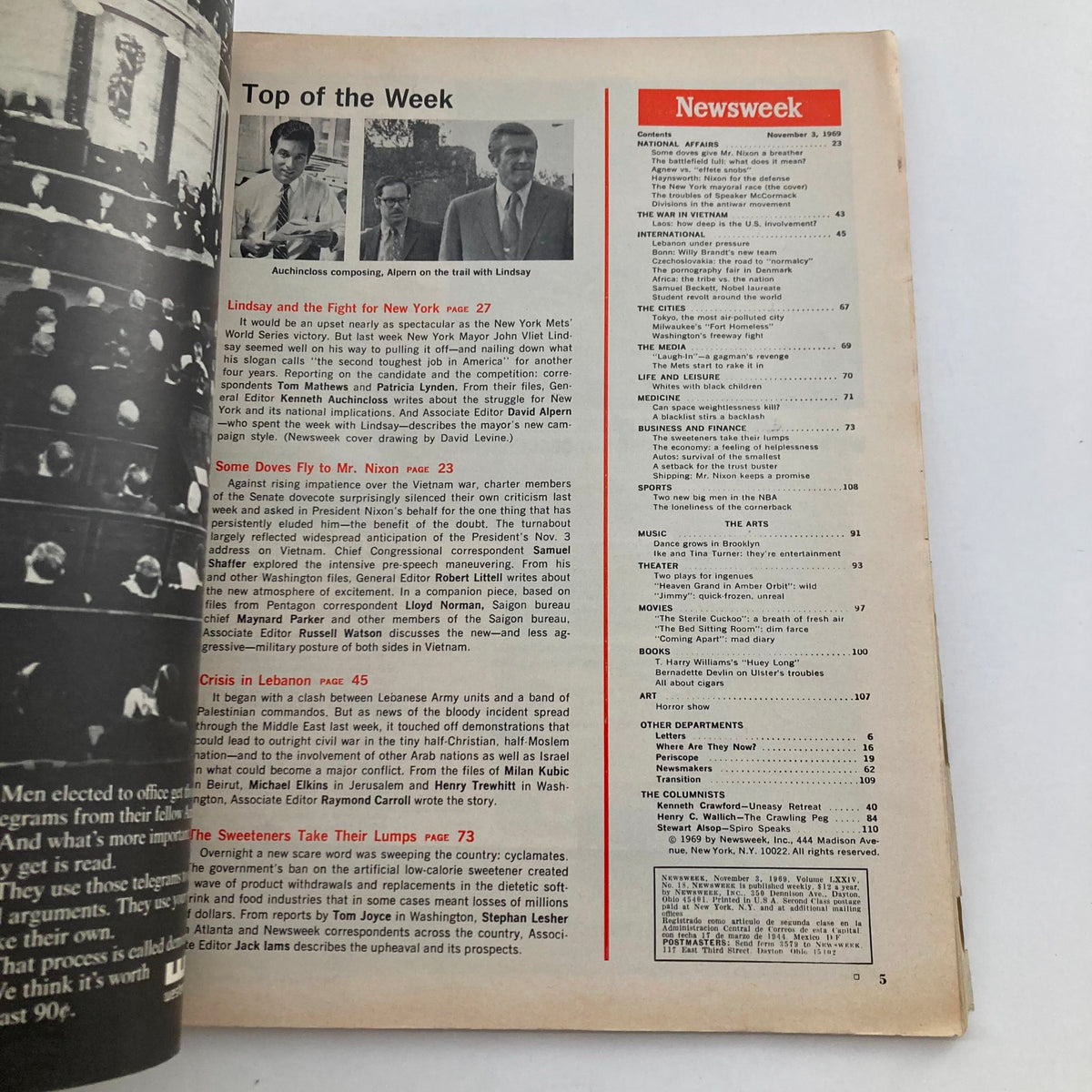 Inside page of VTG Newsweek Magazine November 3 1969 showcasing the table of contents, including notable articles and features of the week.