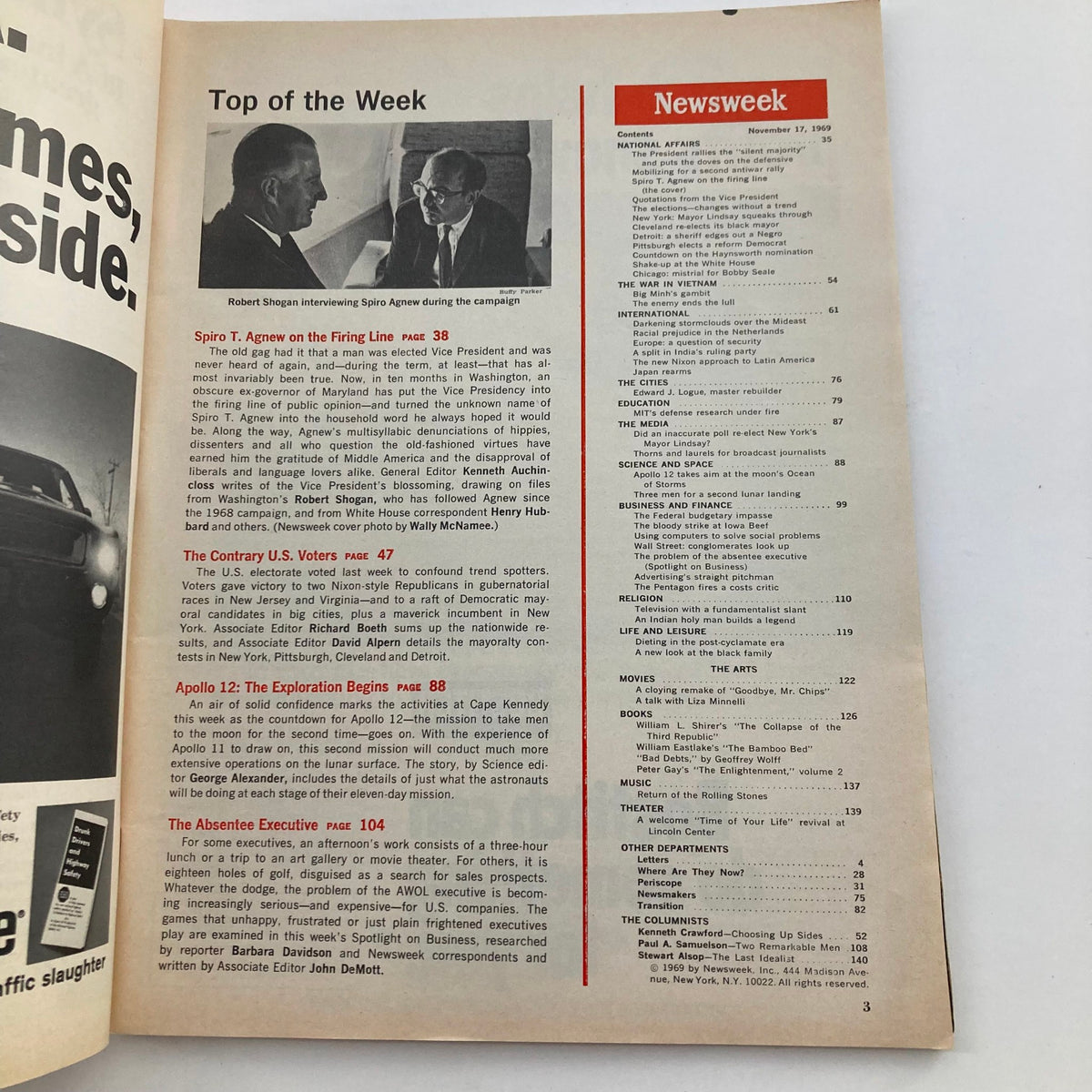 Table of contents page from VTG Newsweek Magazine November 17 1969 showing articles including 'Spiro T. Agnew on the Firing Line.'