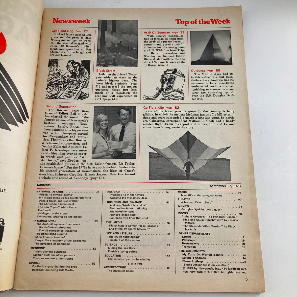 Interior page of VTG Newsweek Magazine, September 17, 1973, displaying the table of contents with articles including 'Arab Oil Squeeze' and other historical topics.