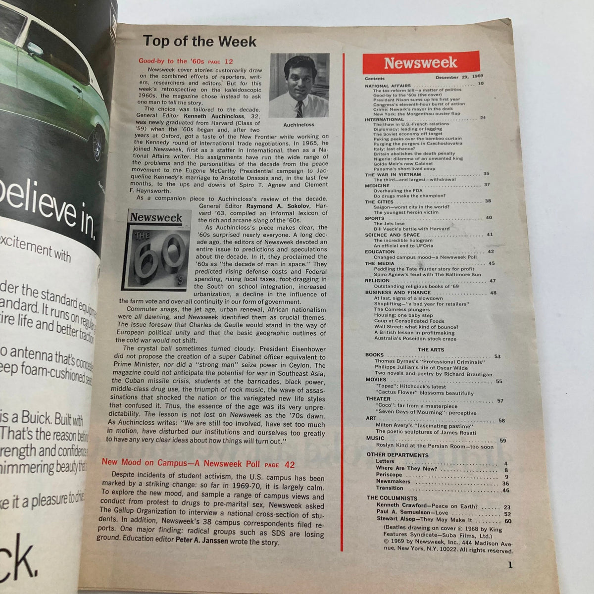 Inside page of VTG Newsweek Magazine December 29 1969 Good-bye to the '60s showcasing the article topics and features, reflecting on the significant events of the 1960s.