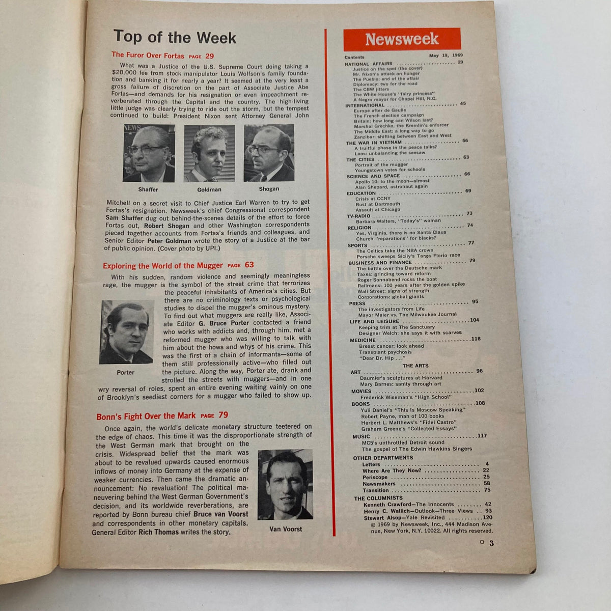 Interior page of VTG Newsweek Magazine May 19 1969 showing articles and highlights related to Abe Fortas and various topics of the time.