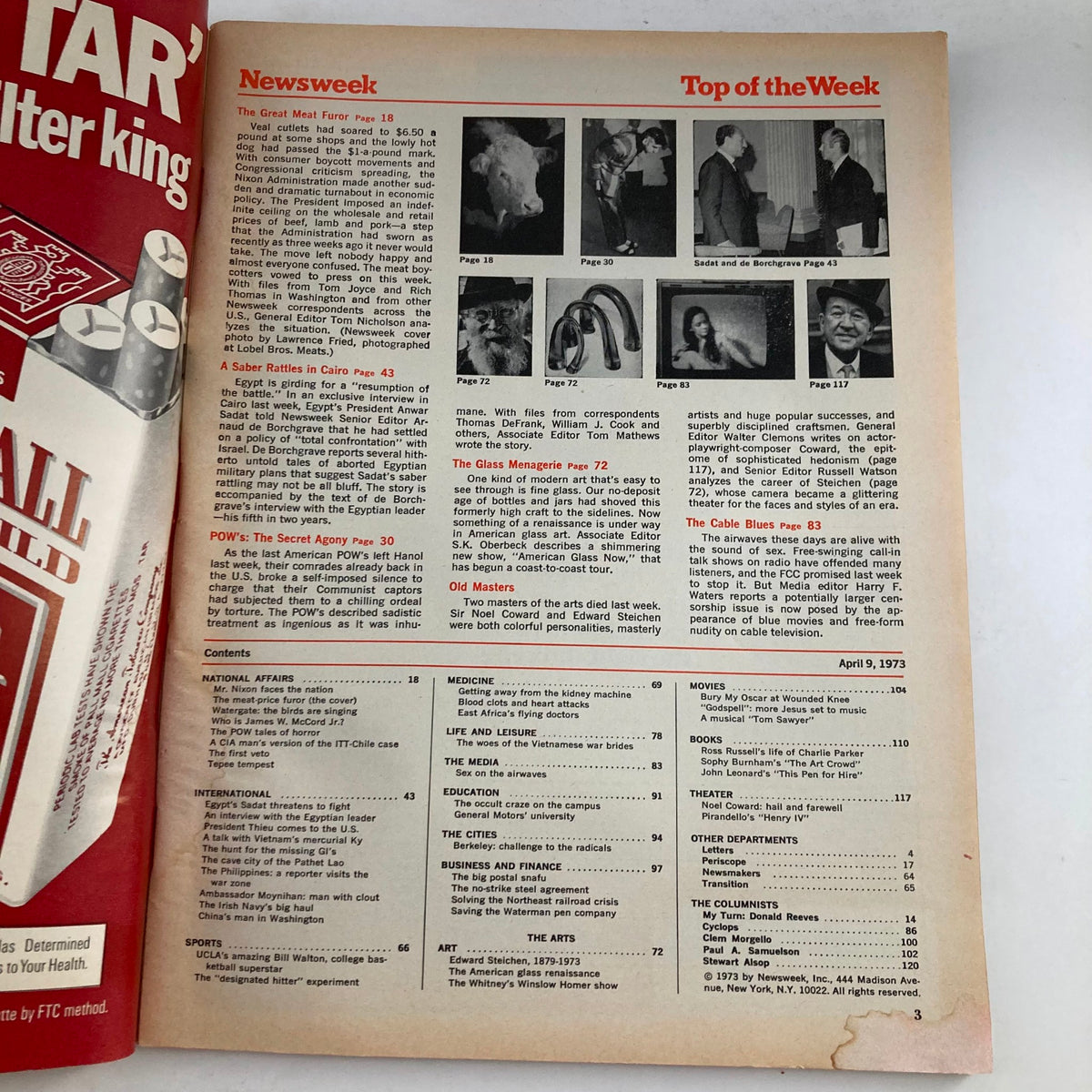VTG Newsweek Magazine April 9 1973 interior page showing the table of contents including features on The Great Meat Furor.
