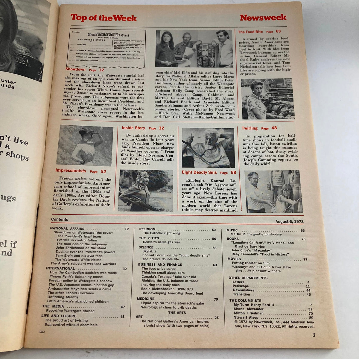 Inside page of VTG Newsweek Magazine dated August 6, 1973, featuring the contents and articles including Richard Nixon vs The U.S. Showdown.