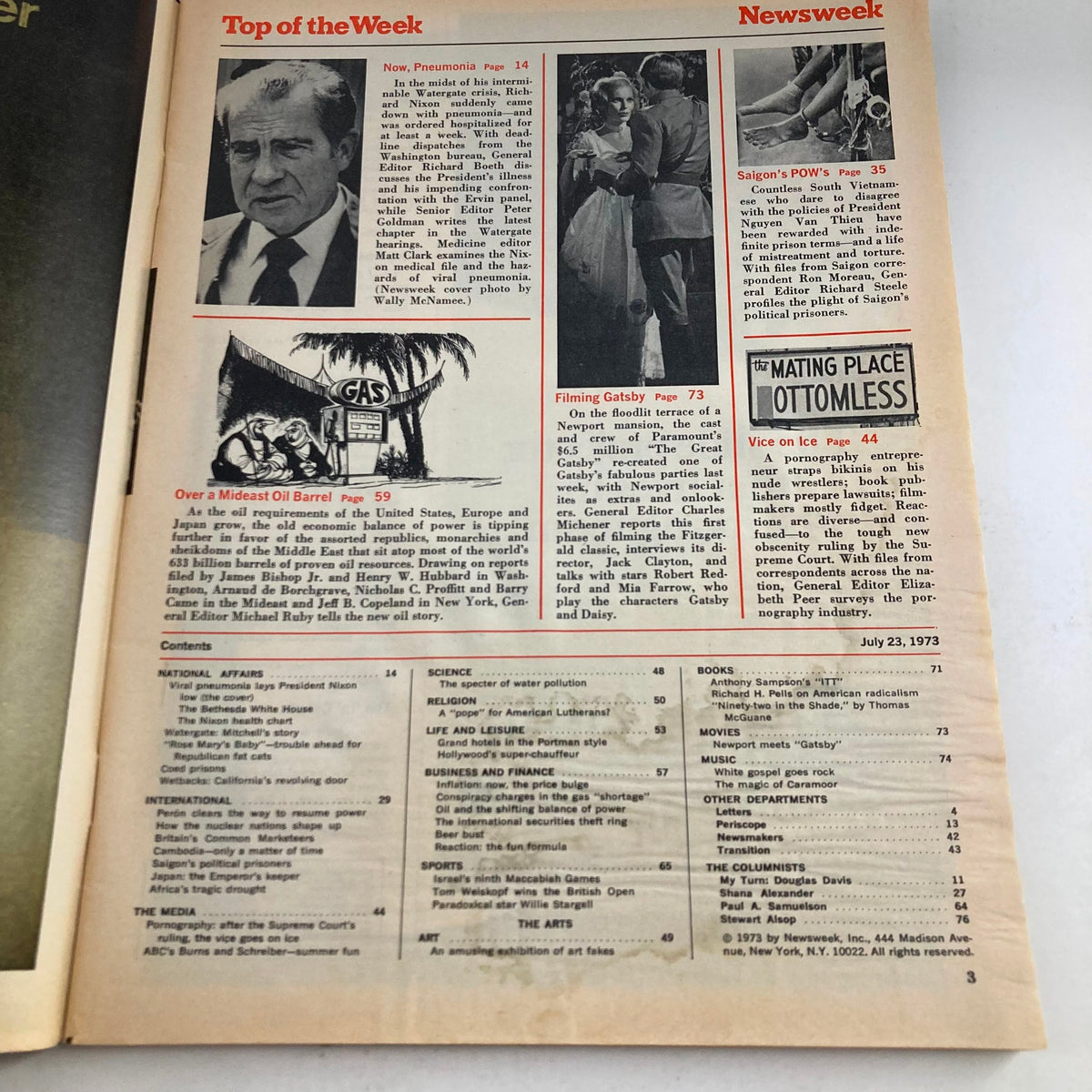 Interior page of VTG Newsweek Magazine July 23 1973 displaying content overview and articles including one on Nixon's pneumonia, showcasing historical significance.