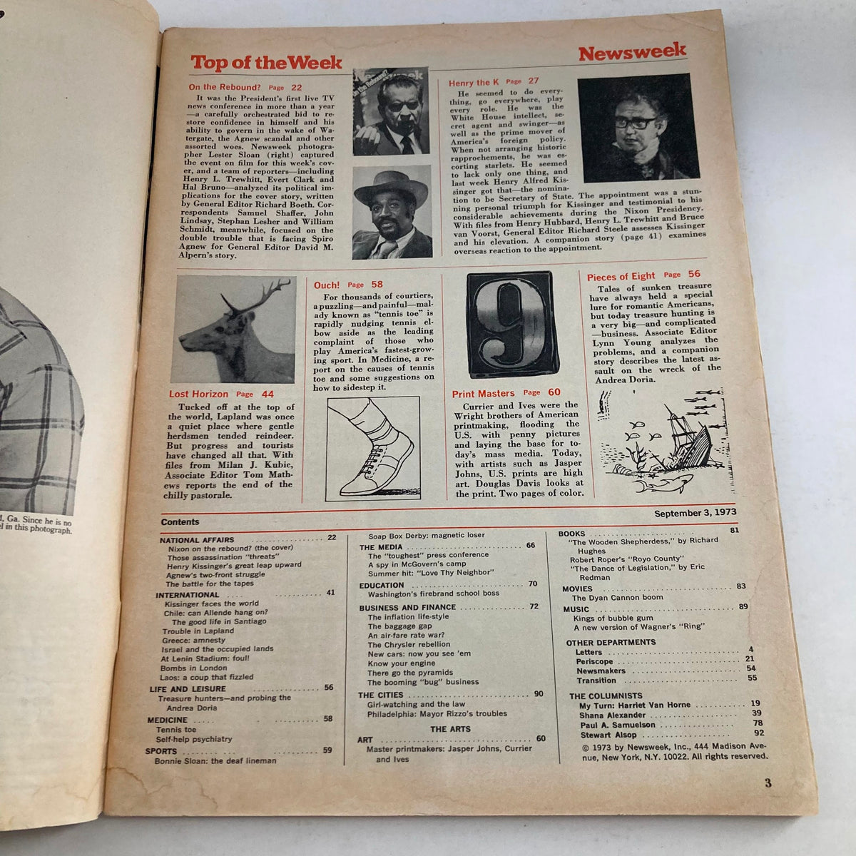 Interior page of VTG Newsweek Magazine September 3 1973 showcasing the table of contents and highlights from the issue including features on national affairs and cultural topics.