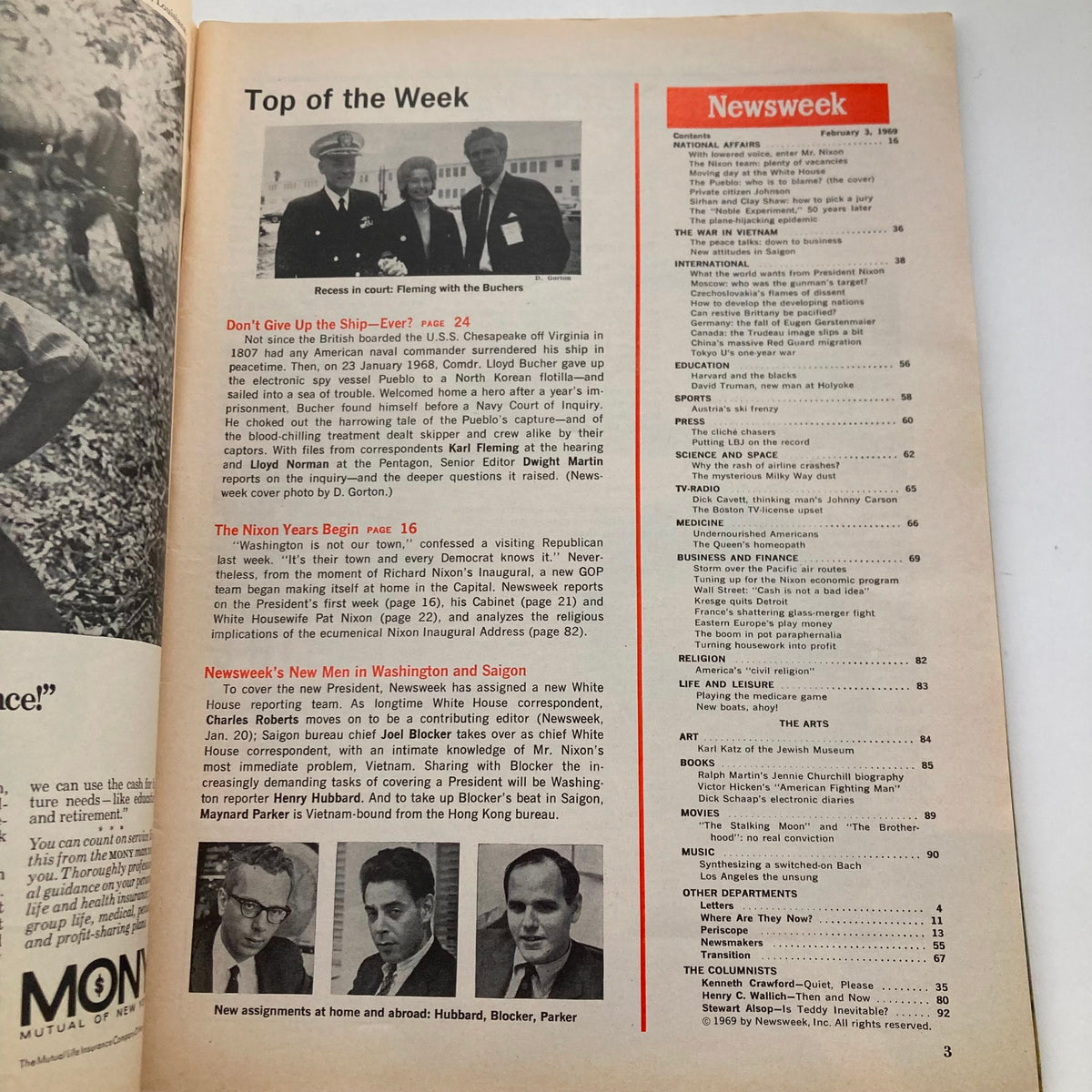 Inside page of VTG Newsweek Magazine February 3, 1969 showing the table of contents and an article about Captain Lloyd M. Bucher and the USS Pueblo incident.