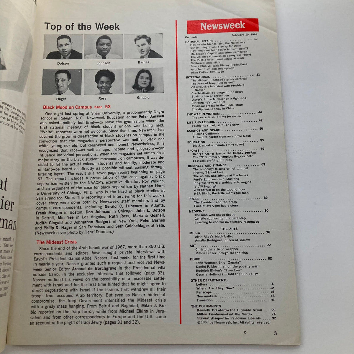 Interior page from VTG Newsweek Magazine February 10, 1969 featuring the article 'Black Mood on Campus,' discussing student issues and relevant historical context.
