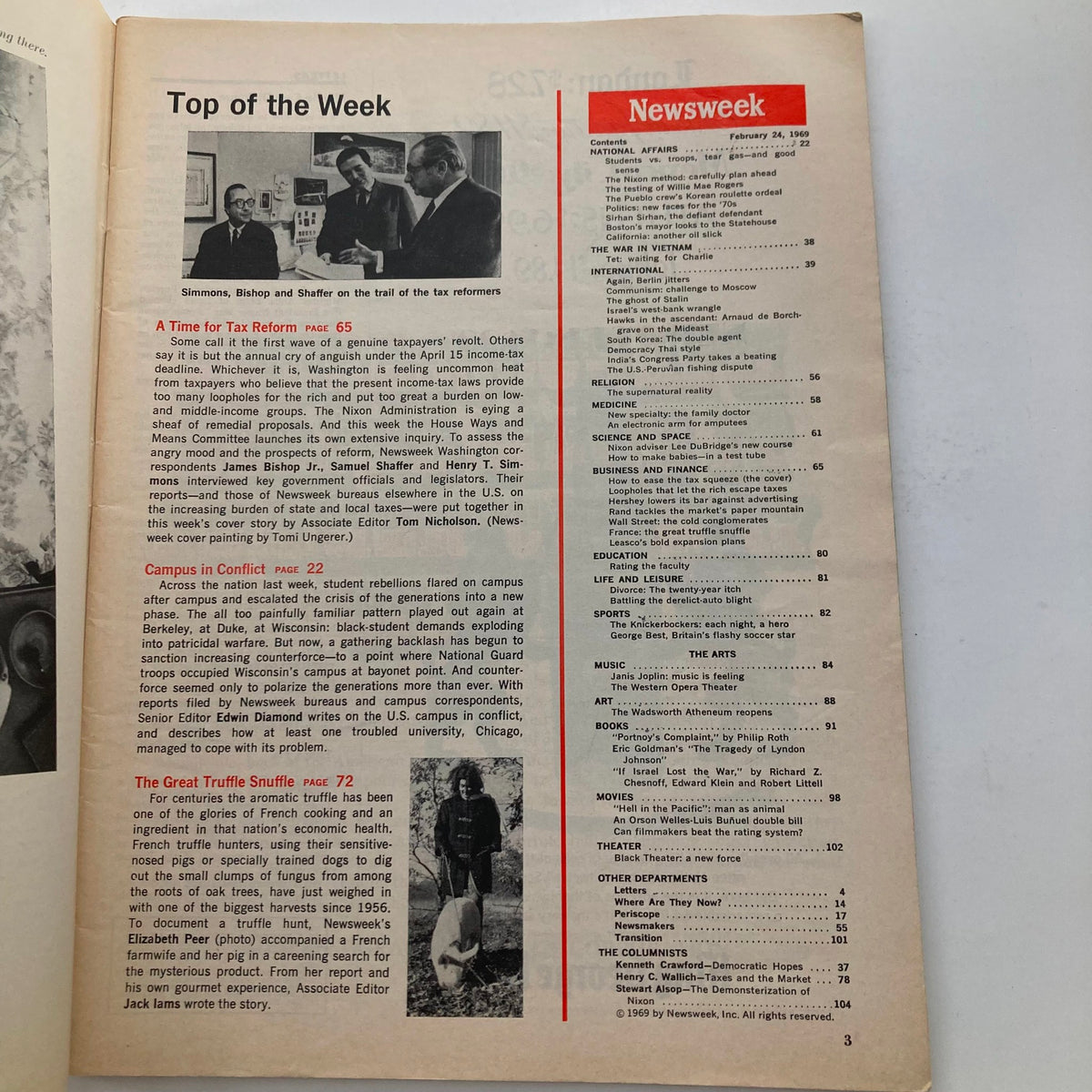Inside page of the VTG Newsweek Magazine February 24 1969 displaying the table of contents and various articles including 'Campus in Conflict' and 'A Time for Tax Reform'.
