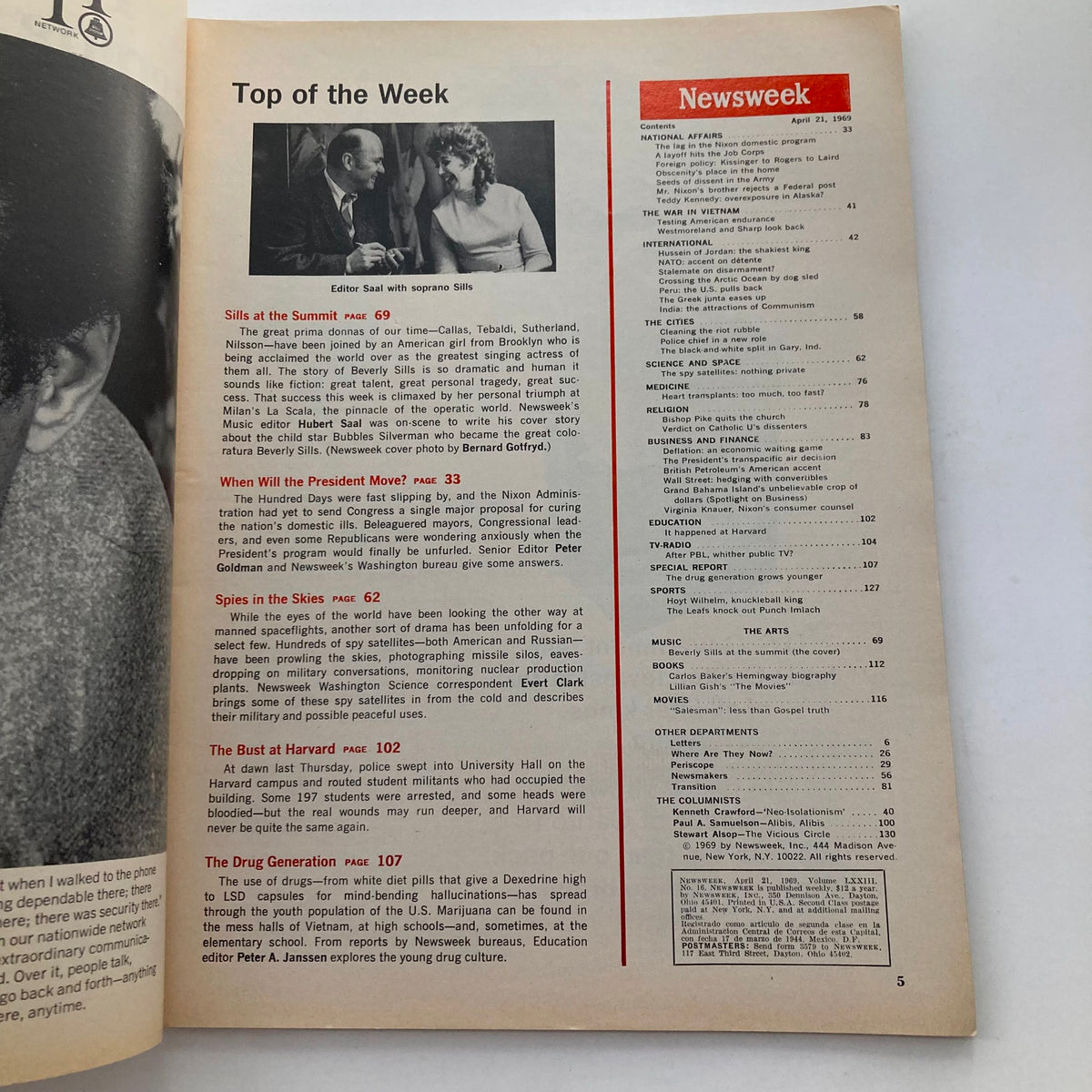 Interior page of the April 21, 1969 Newsweek Magazine, showcasing the contents including a feature on Beverly Sills, reflecting the cultural themes of the late 1960s.