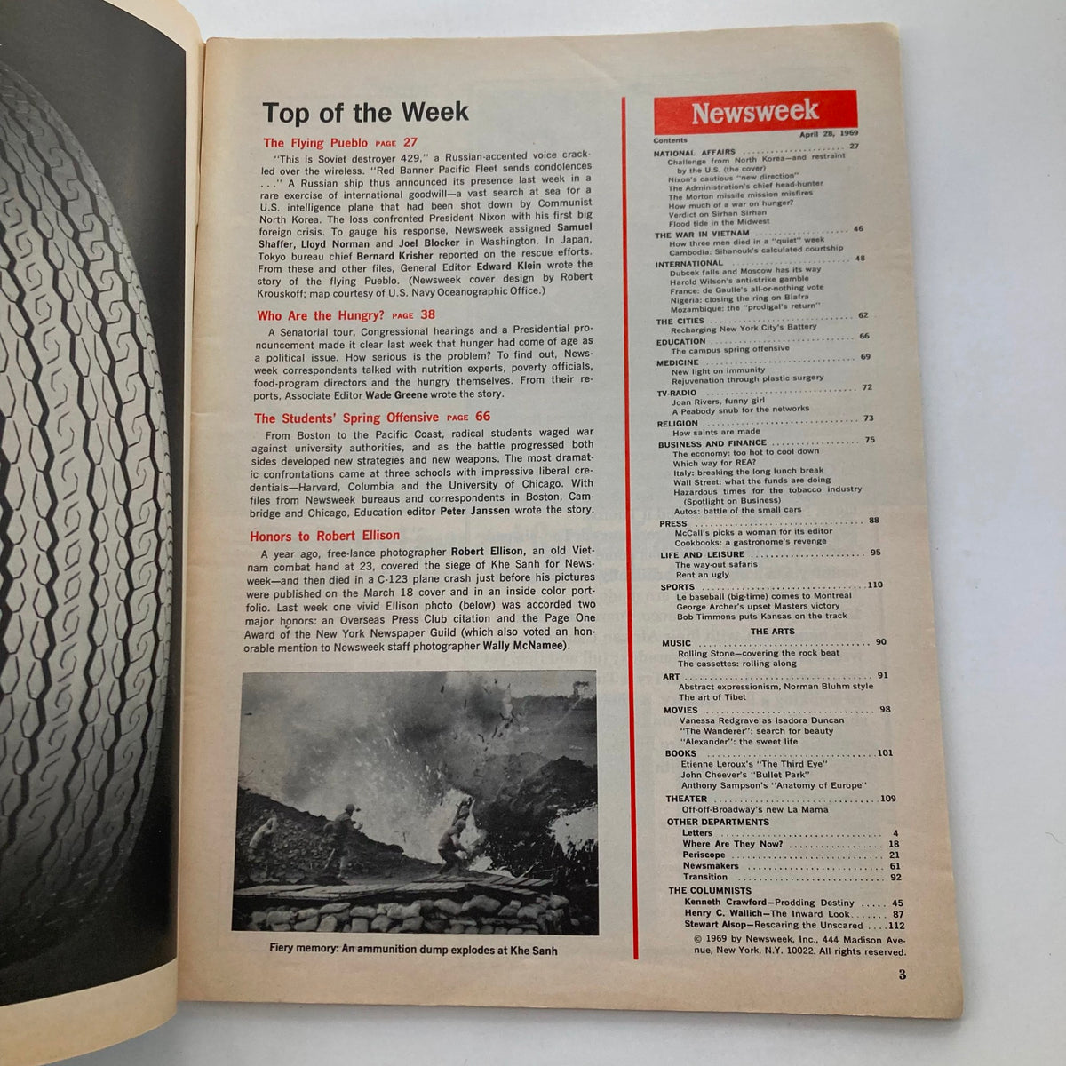 Inside page of the VTG Newsweek Magazine April 28 1969, highlighting articles including 'The Flying Pueblo' and 'Who Are The Hungry?'