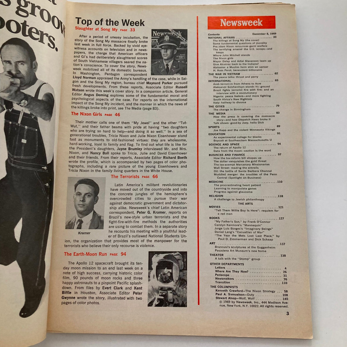 Inside page of the VTG Newsweek Magazine from December 8, 1969, showcasing articles including the feature on Accused Lt. William L. Calley Jr.