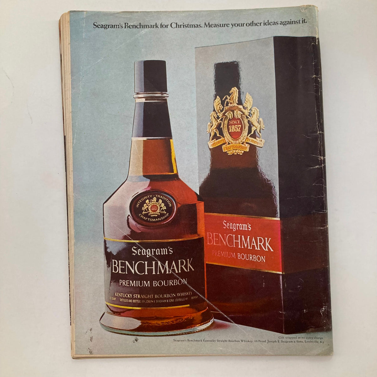 Advertisement on the back cover of the VTG Newsweek Magazine December 8, 1969, promoting Seagram's Benchmark Premium Bourbon.