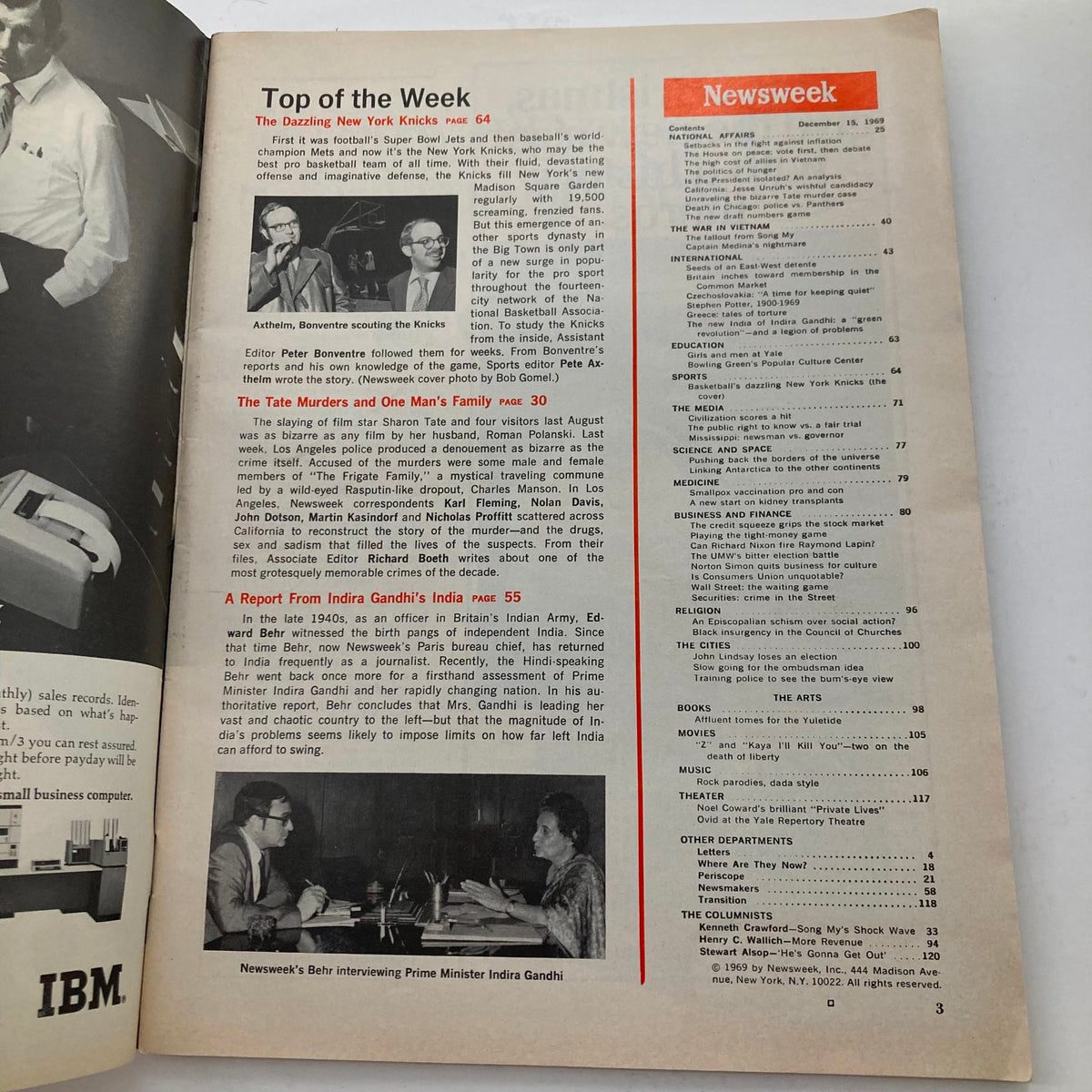 Interior page of VTG Newsweek Magazine dated December 15, 1969, highlighting an article about The Dazzling New York Knicks and featuring a photograph of a journalistic interview.