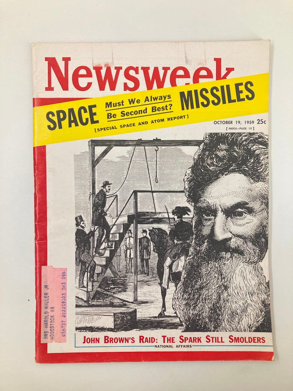 Vintage Newsweek magazine cover from October 19, 1959, featuring the article 'John Brown's Raid: The Spark Still Smolders' with an illustration of John Brown and thematic discussions on civil rights and social justice.