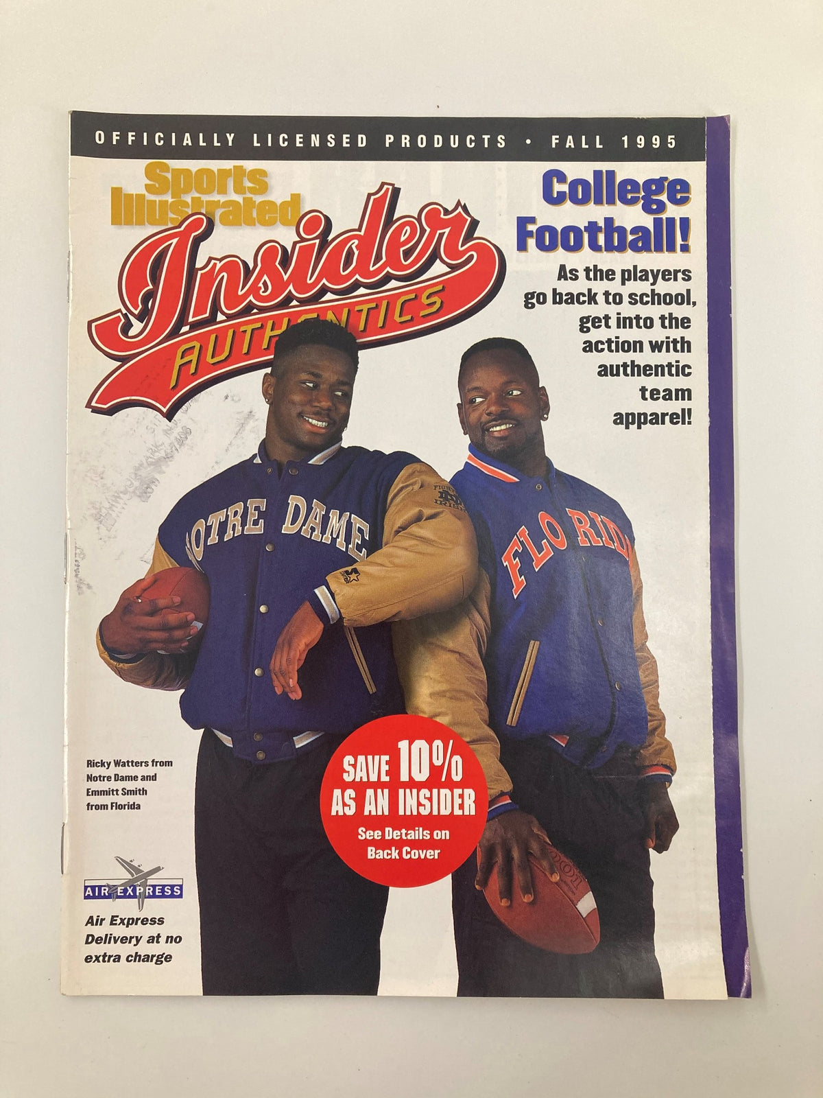 Cover of Sports Illustrated Magazine Fall 1995 featuring Ricky Watters from Notre Dame and Emmitt Smith from Florida, promoting college football and authentic team apparel.
