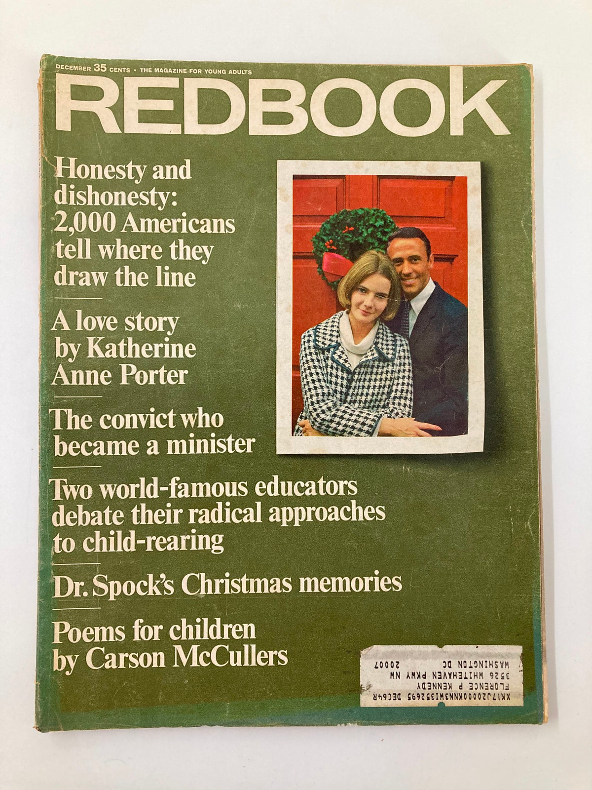 Cover of VTG Redbook Magazine December 1964 titled The Year We Rediscovered Christmas featuring a couple in festive attire and a holiday wreath.