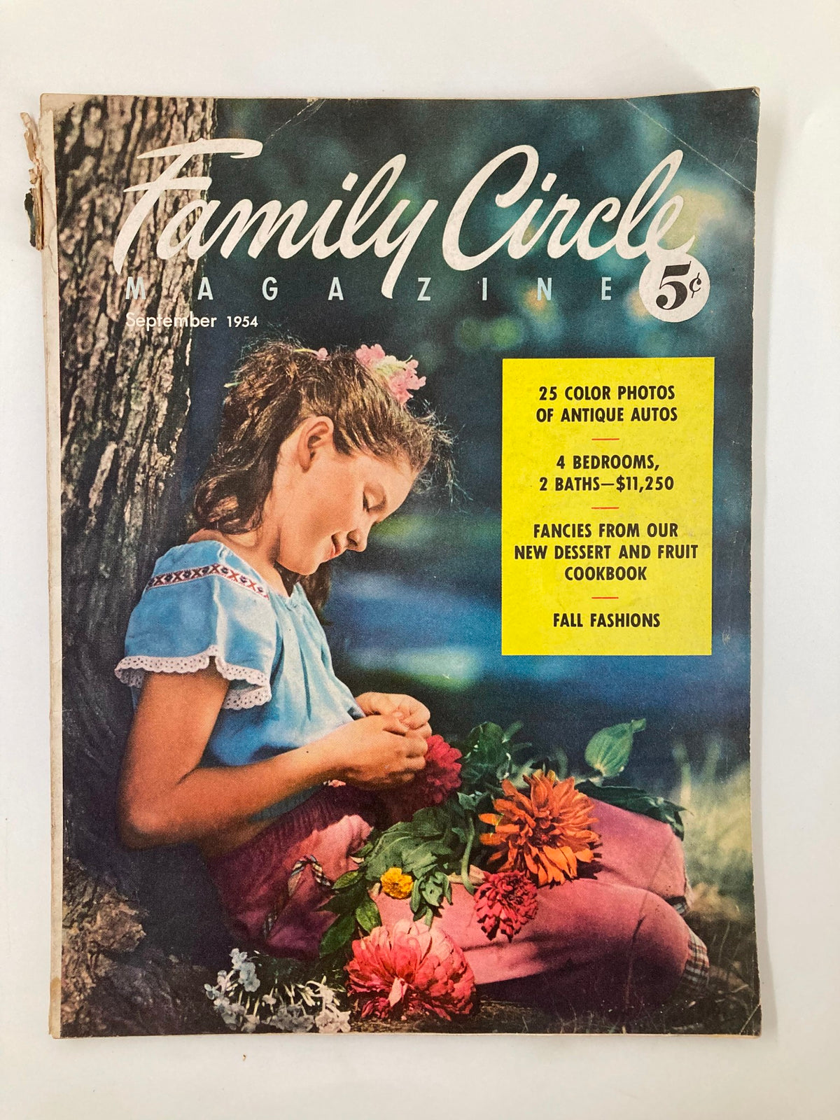 Cover of VTG Family Circle Magazine September 1954 featuring a young girl with flowers, showcasing the Dessert & Fruit Cookbook with vibrant colors and retro design.