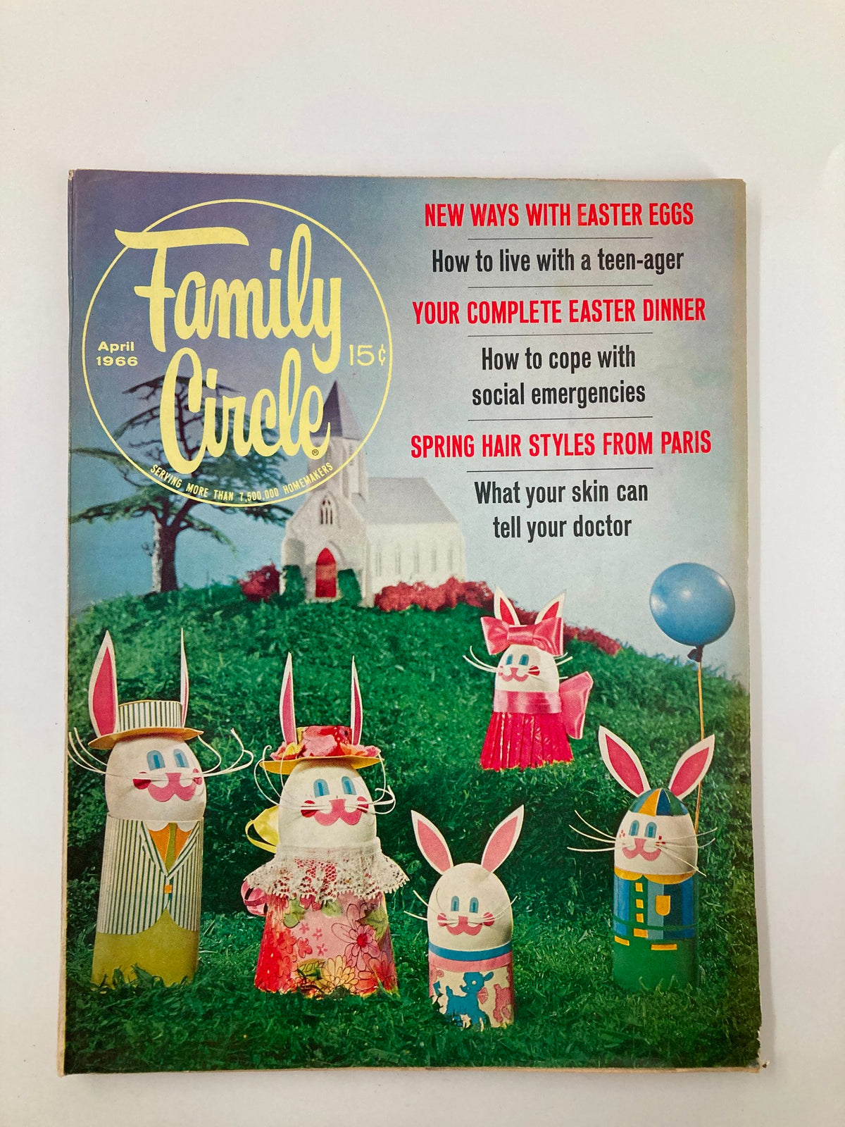 Cover of VTG Family Circle Magazine from April 1966 featuring Easter-themed decorations and a whimsical design with colorful bunny figurines.