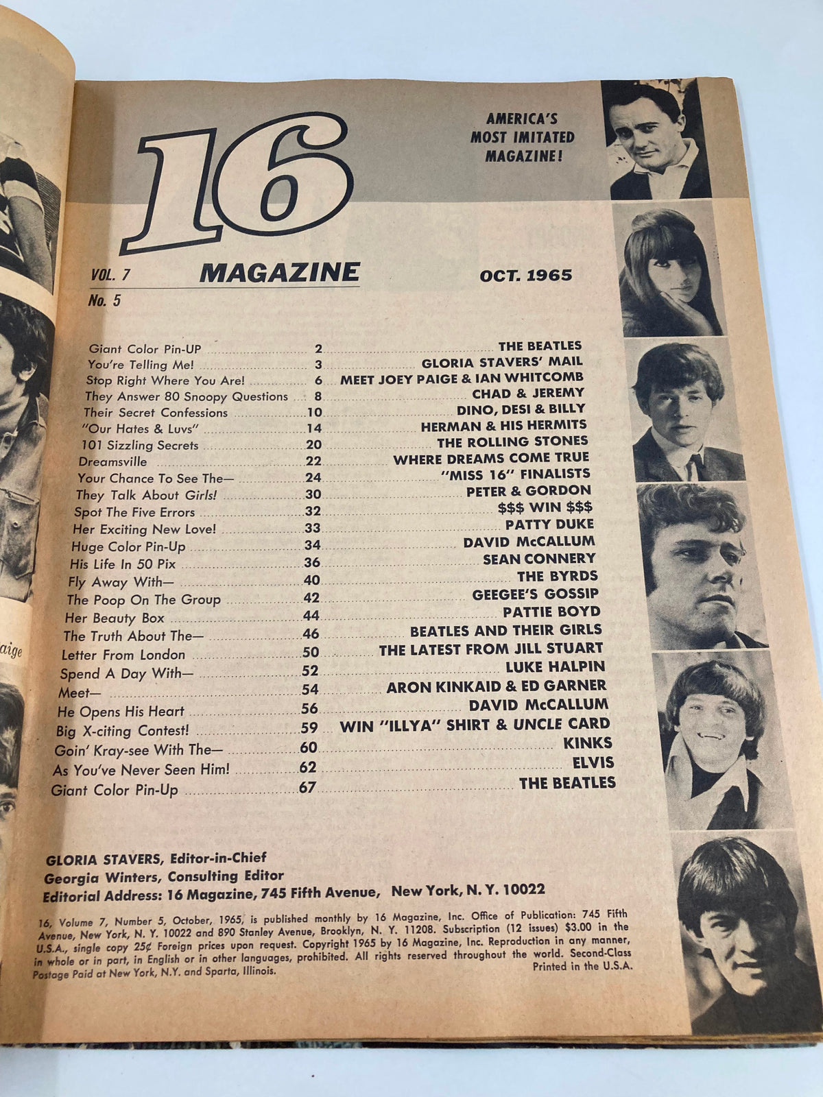 Interior page of VTG 16 Magazine from October 1965, displaying the table of contents for Vol. 7 No. 5, illustrating various articles and features including The Beatles.