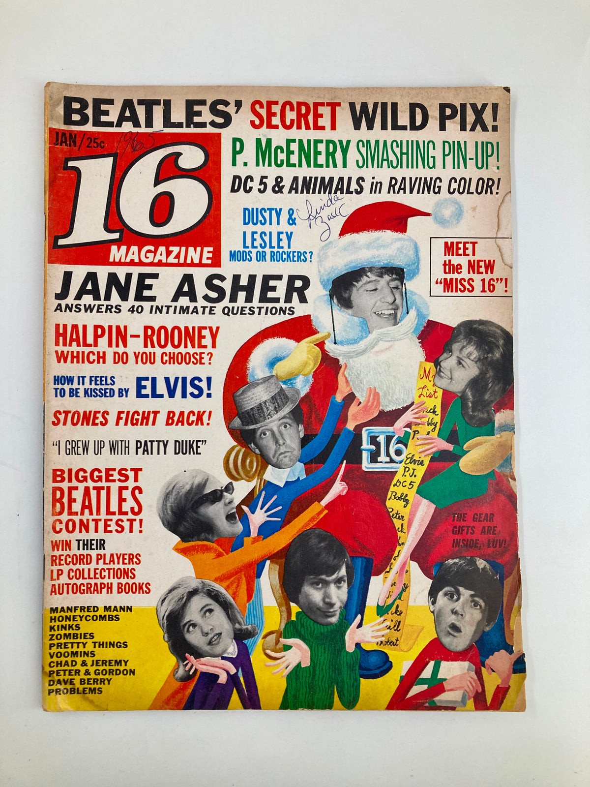 Front cover of the VTG 16 Magazine from January 1965 featuring Jane Asher, along with highlights such as Beatles' secret wild pix, and mentions of artists like Manfred Mann and the Honeycombs.