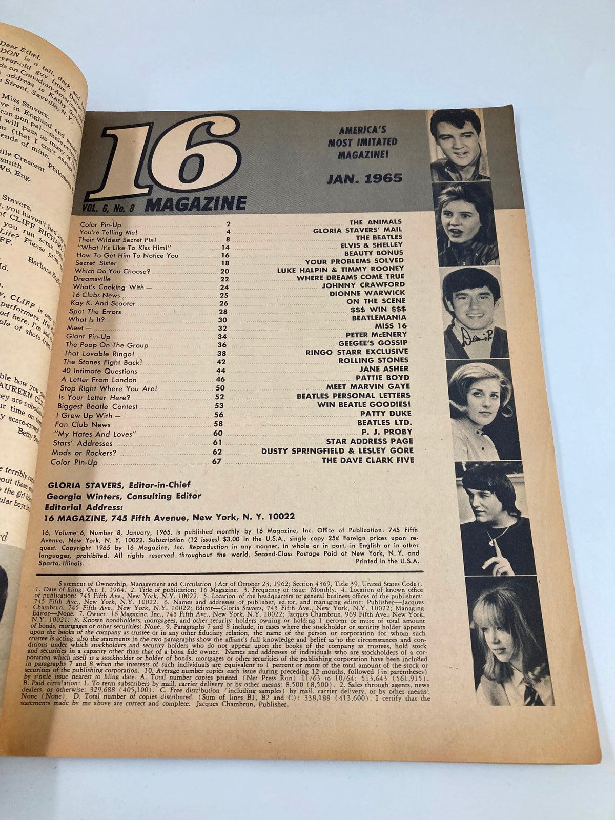 Interior page of VTG 16 Magazine January 1965 showcasing the table of contents, including articles featuring The Animals, The Beatles, and Jane Asher.