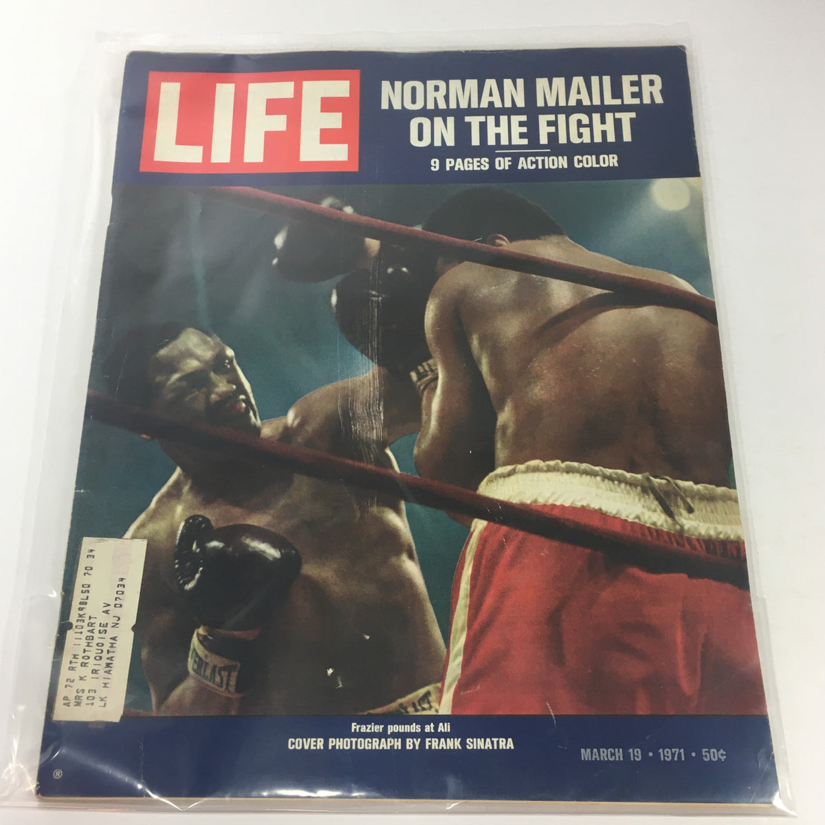 Cover of VTG Life Magazine: March 19, 1971 featuring Joe Frazier and Muhammad Ali in a boxing match, photographed by Frank Sinatra. This vintage magazine captures a historical sports moment.