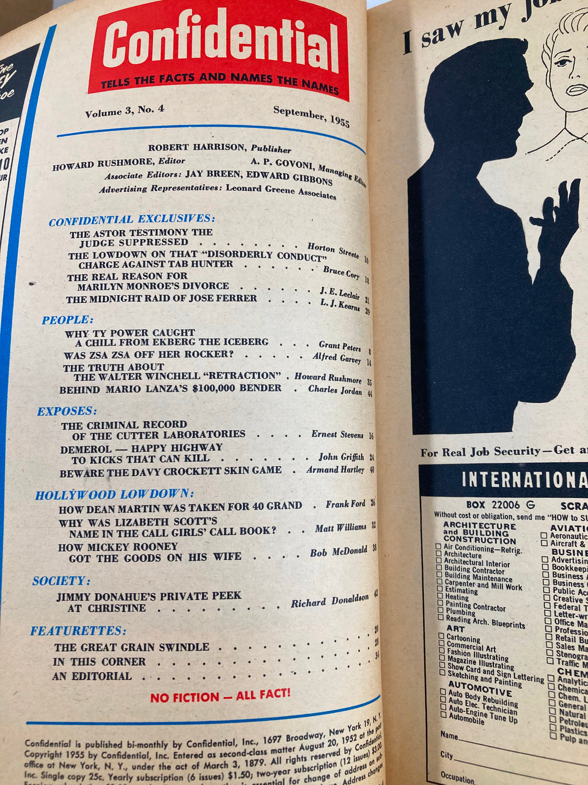 Inside page of VTG Confidential Magazine September 1955 listing articles and features, reflecting mid-20th century Hollywood culture.