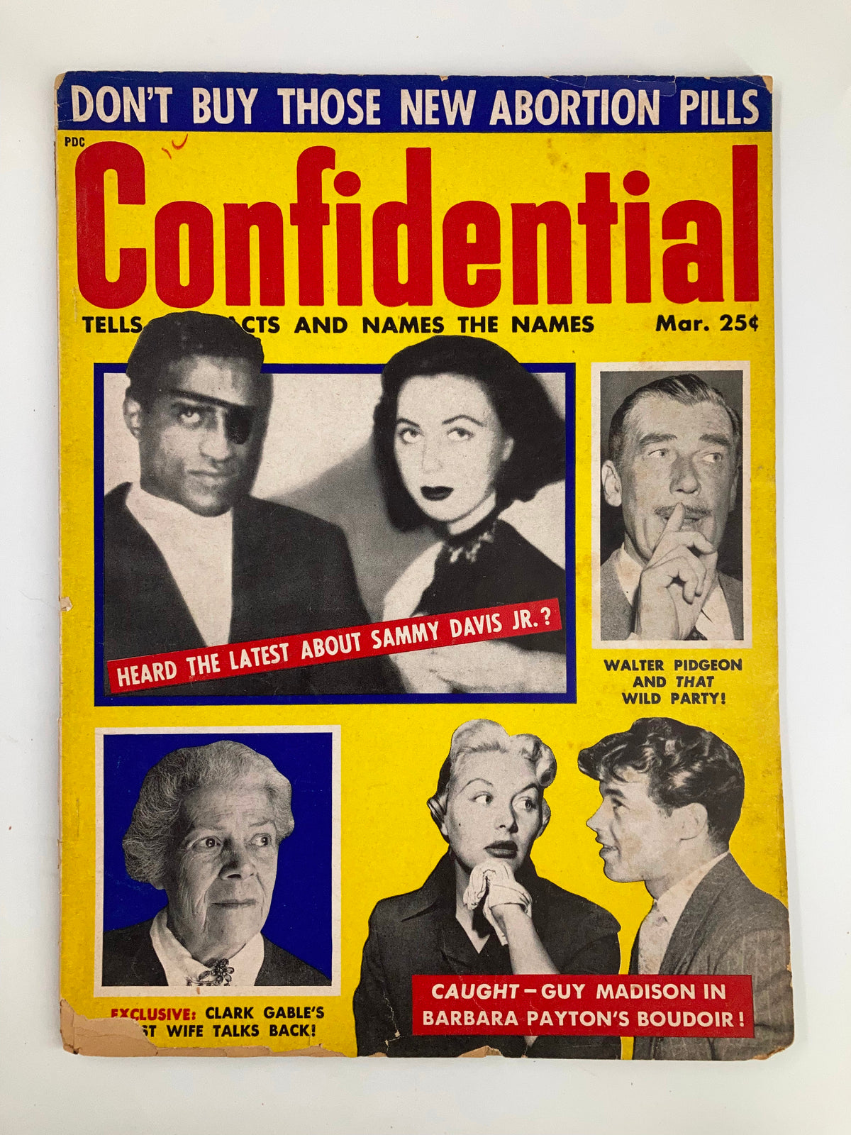 Cover of VTG Confidential Magazine March 1956 featuring Sammy Davis Jr. and Walter Pidgeon, showcasing an eye-catching yellow background with bold text and images of celebrities, ideal for collectors.