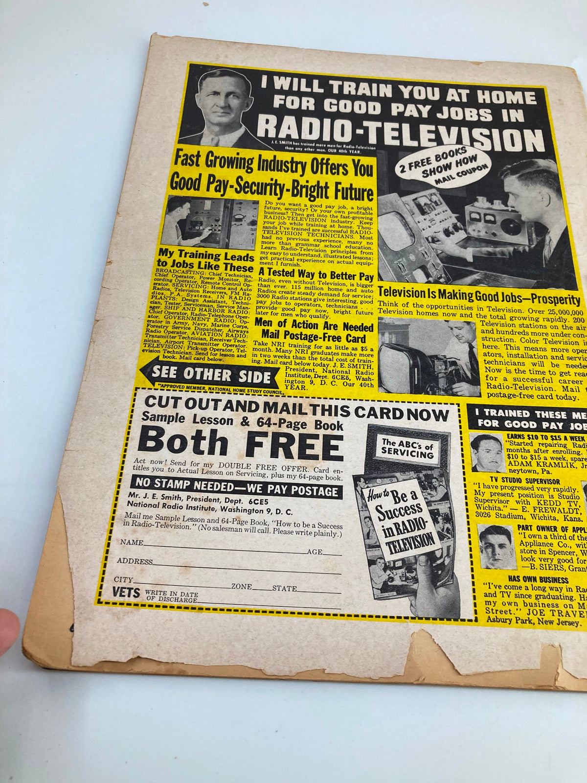 Back cover of VTG Confidential Magazine March 1956, presenting a vintage advertisement for radio-television training, illustrating the educational opportunities of the time, suitable for history buffs.