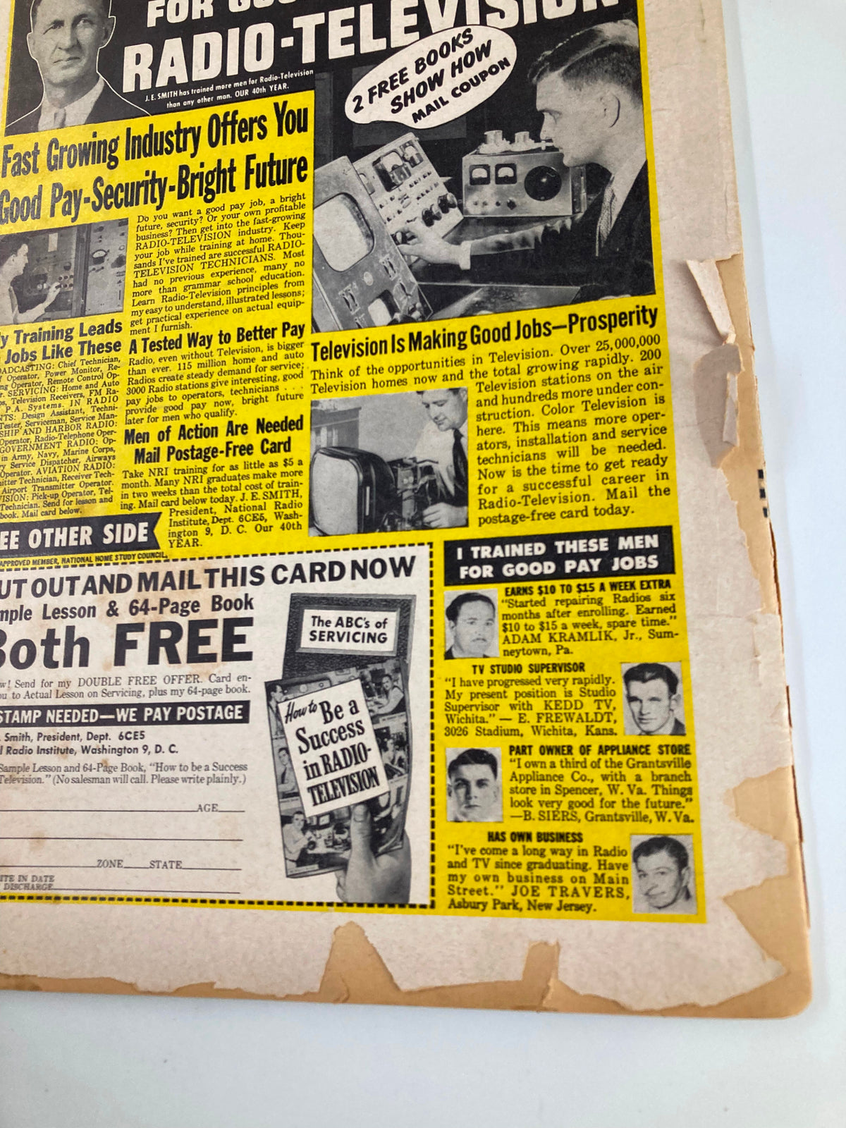 Vintage advertisement from the VTG Confidential Magazine March 1956 showcasing job opportunities in the radio-television industry. The ad highlights a growing sector with images of television technicians and offers free resources for training.
