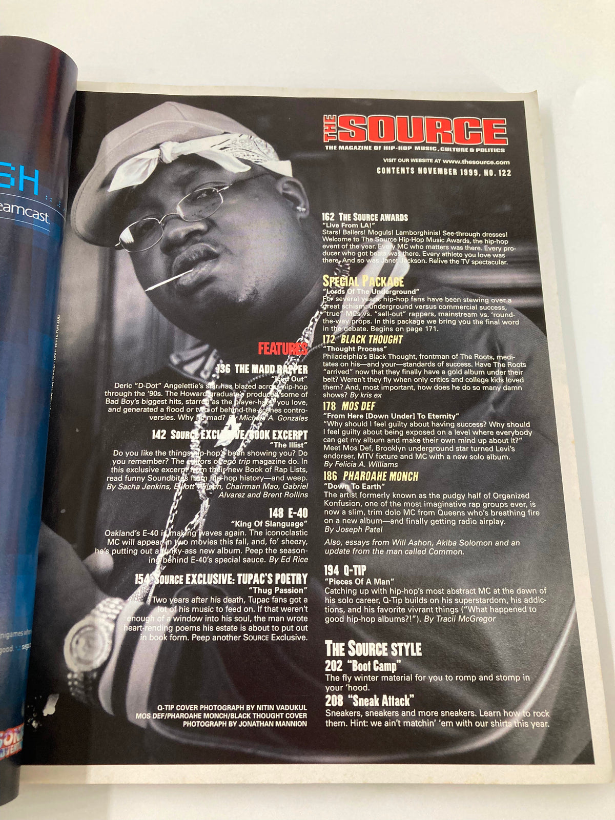 Contents page of The Source Magazine, November 1999 issue, highlighting features on Q-Tip, The Madd Rapper, Black Thought, and exclusive poetry from Tupac.