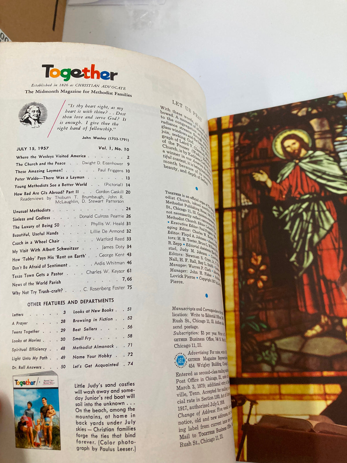 Inside page of VTG Together Magazine July 15 1957 displaying the contents and articles focused on Christian family values and community.