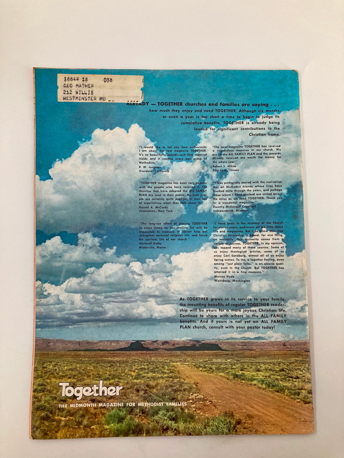 Back cover of VTG Together Magazine July 15 1957 highlighting clouds and landscape, linking to themes of family and faith.