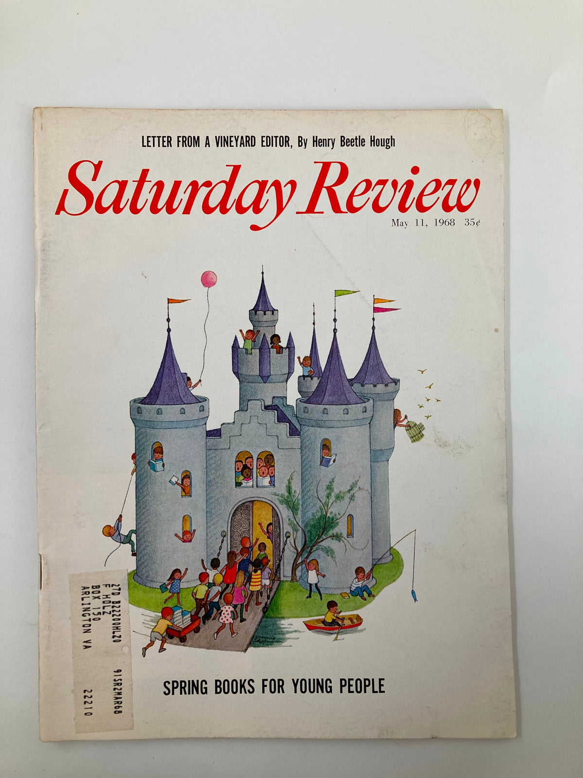 Cover of VTG Saturday Review Magazine May 11 1968 featuring a colorful illustration of children at play in front of a castle, highlighting the theme 'Spring Books for Young People'.