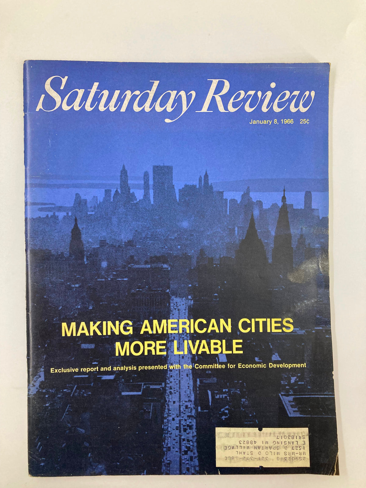 Cover of the VTG Saturday Review Magazine from January 8, 1966, featuring the title 'Making American Cities More Livable'. The magazine has a blue background with a silhouette of a city skyline and a label on the front.