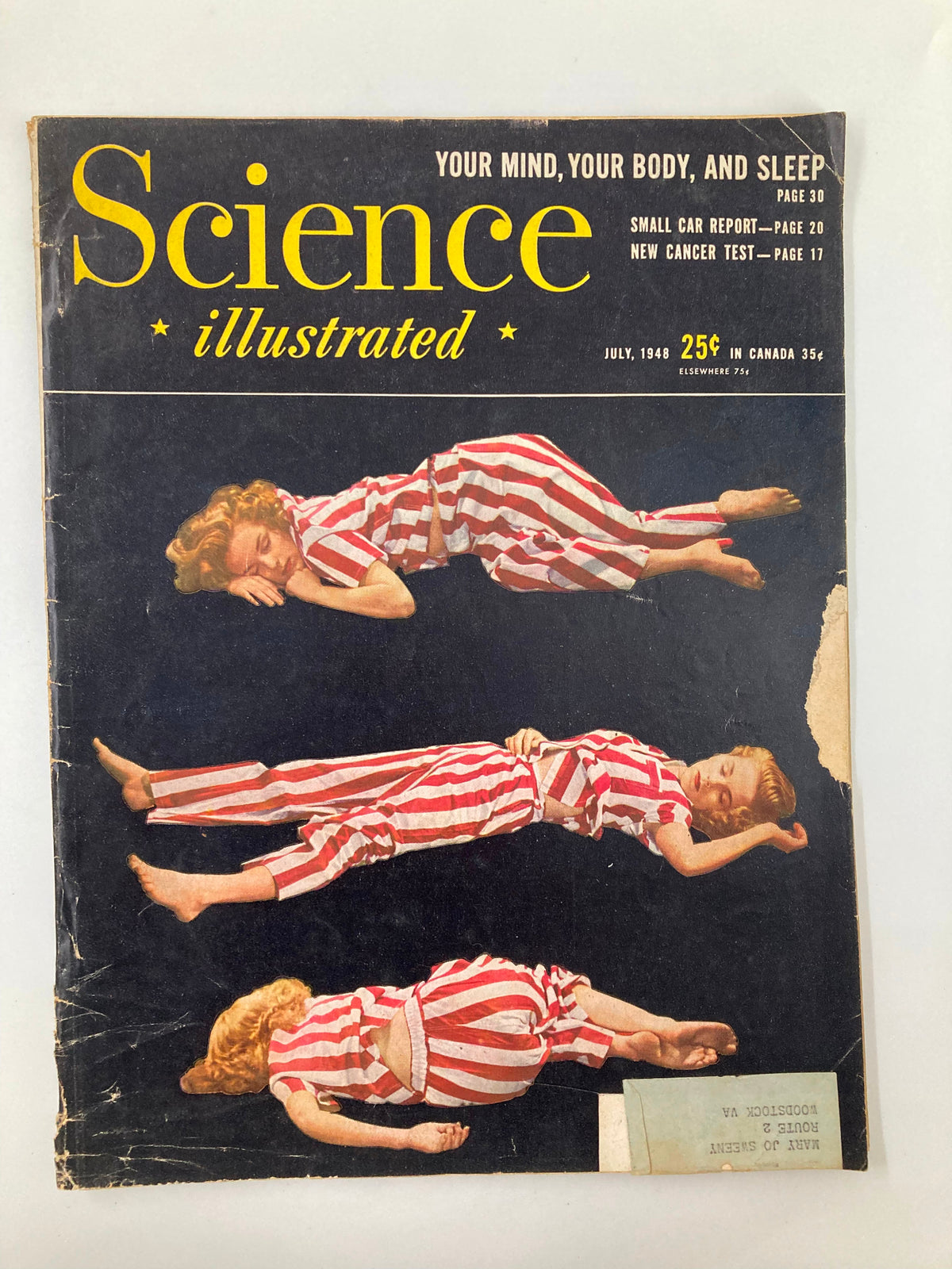 Cover of VTG Science Illustrated Magazine from July 1948 featuring the title 'Your Mind, Your Body, and Your Sleep'. The cover shows images of women sleeping in striped pajamas, emphasizing themes of health and wellness.