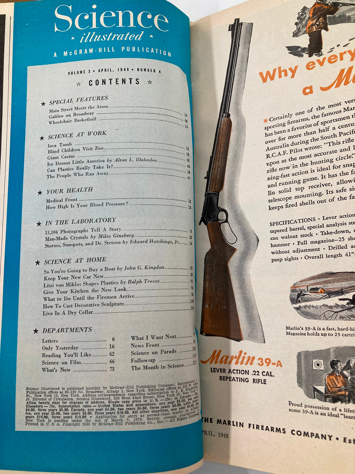 Inside page of VTG Science Illustrated Magazine April 1948 showing the table of contents and articles including special features on science-related topics.