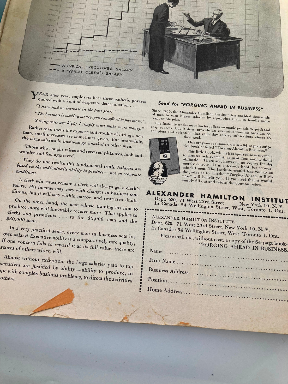 Vintage advertisement page from Science Illustrated Magazine May 1948, featuring a chart comparison of executive salaries against clerk salaries, reflecting on job compensation practices in business.