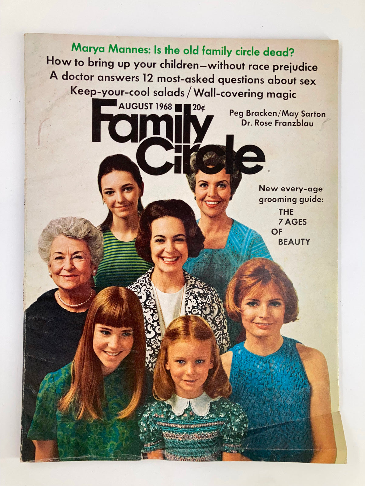 VTG Family Circle Magazine August 1968 cover showcasing a group of women and girls representing different ages, exploring beauty themes, with the headline 'The 7 Ages of Beauty'.