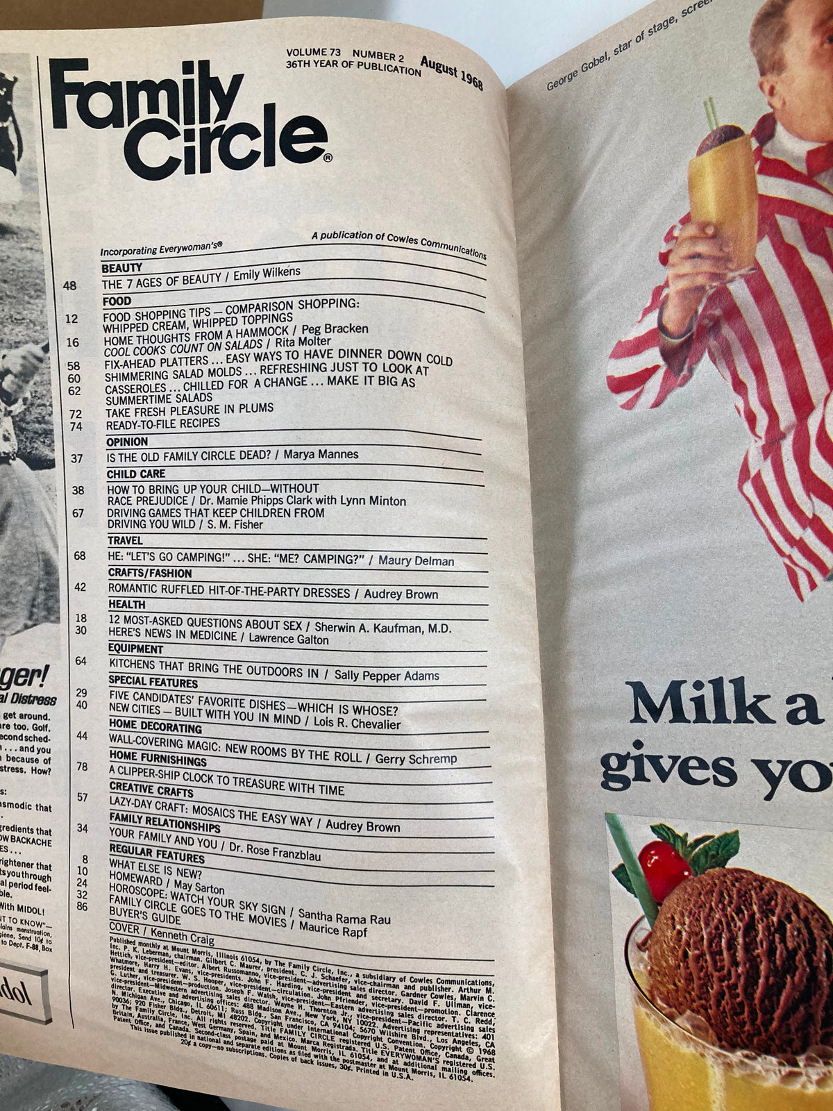 Inside page of VTG Family Circle Magazine August 1968 displaying the table of contents, highlighting articles related to beauty and lifestyle.