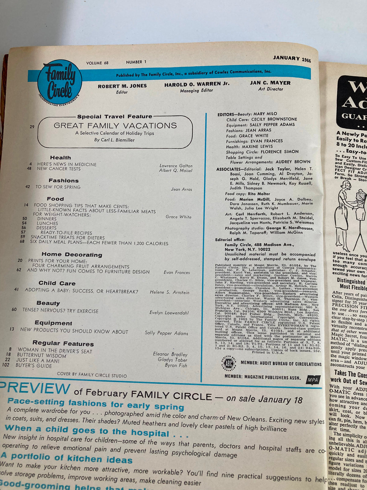 Inside cover page of VTG Family Circle Magazine January 1966 featuring a table of contents and editorial information related to the theme 'Fun Comes To Furniture Design'.